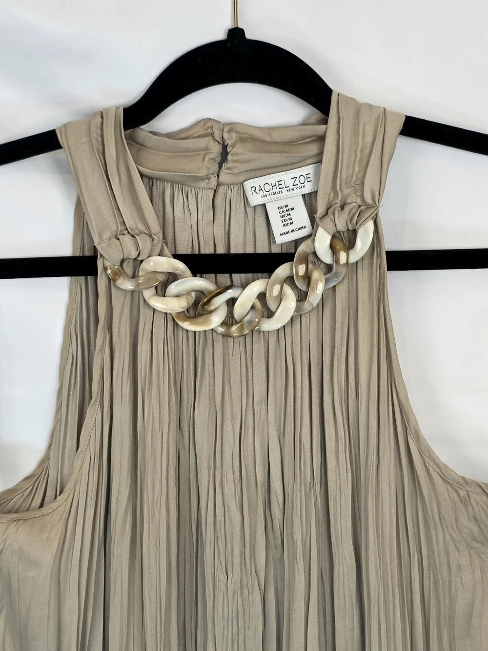 Rachel Zoe Taupe Boho Chic Office Pleated Halter Chunky Chain Accent Blouse Sz M - Picture 3 of 6